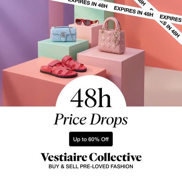 This image ad from Vestiaire Collective features a variety of pre-loved fashion items on colorful platforms and emphasiz