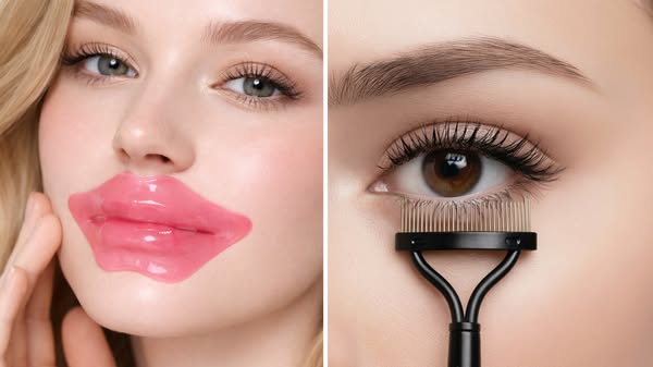 This split screen ad visually represents two beauty products and what they do, with one half showing a lip mask on someo