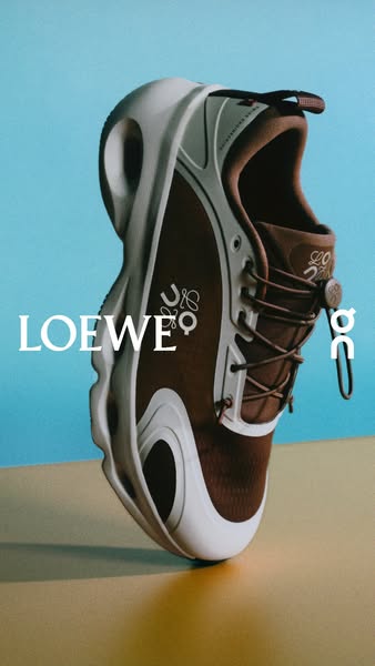 This image ad showcases a running shoe from the Loewe x On collaboration. The shoe is brown and white, and the backgroun