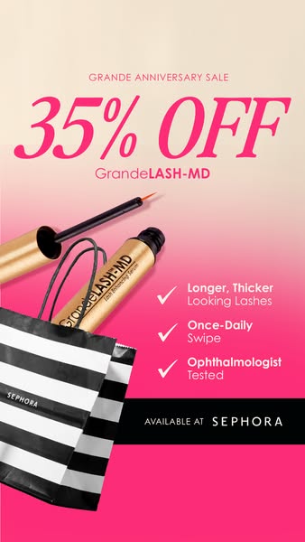 This ad is promoting GrandeLASH-MD. The ad showcases GrandeLASH-MD inside of a Sephora bag to signify the brand is avail