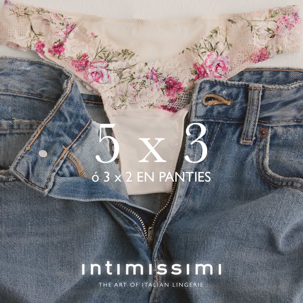 This ad features a pair of women's floral lace Intimissimi lingerie centered between a pair of unbuttoned jeans. The