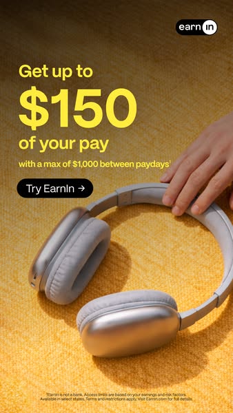 This image ad for EarnIn features a pair of light gray headphones on top of a yellow textured blanket. Text overlaid on 