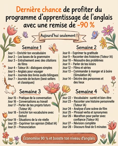 An image ad offering a language learning program for English with a 90% discount. The ad shows the curriculum divided in
