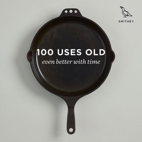The image ad features a well-used Smithey cast iron skillet with the text overlayed '100 Uses Old, even better with 