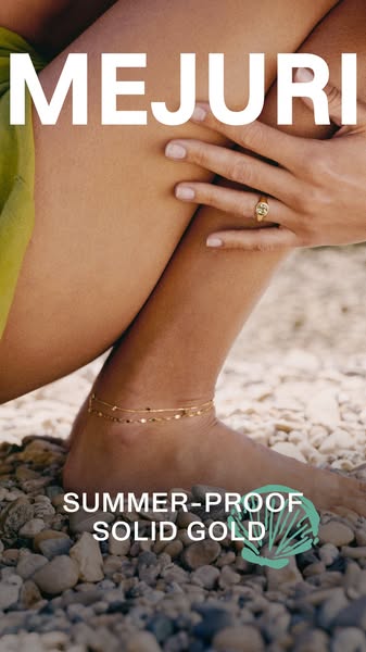 An image of a woman in an outdoor setting showcasing Mejuri jewelry that is summer-proof and solid gold.
