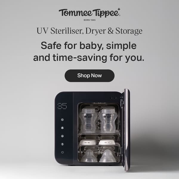 This ad showcases the Tommee Tippee UV sterilizer, dryer, and storage system. It emphasizes the product's safety for