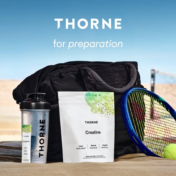 This ad for Thorne Creatine features a variety of products from the brand, including a shaker bottle, a stick pack, and 