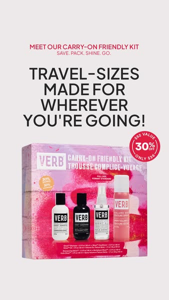 This is an image ad for a Verb carry-on friendly hair product kit. The ad highlights the value and convenience of the tr
