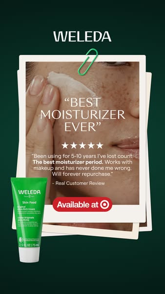 This image ad for Weleda Skin Food features a close-up of a customer applying the cream to their face, overlaid on a rev