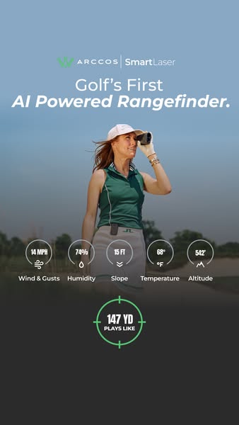 This ad showcases the Arccos SmartLaser, highlighting its AI-powered capabilities and providing real-time environmental 