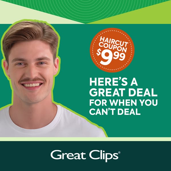 This image ad from Great Clips features a smiling man with a fresh haircut alongside an orange circular coupon graphic f