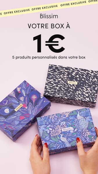 This ad promotes Blissim beauty boxes, highlighting that you can get your first box for only 1€.