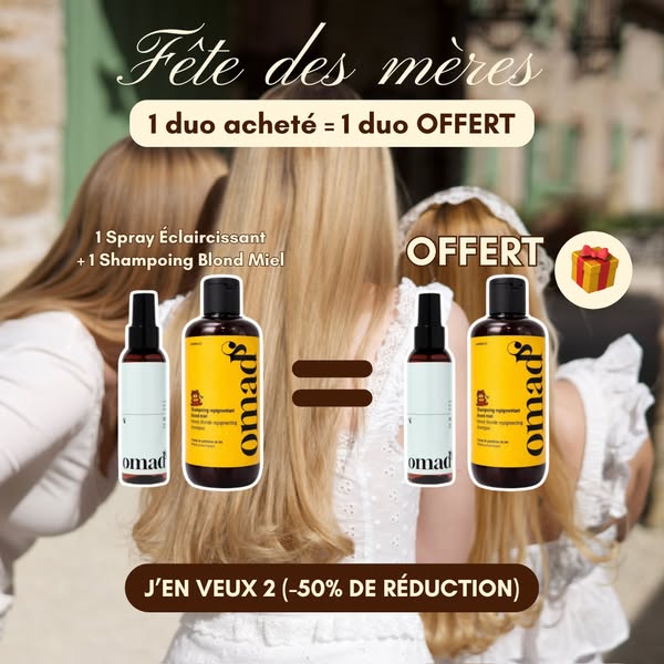 This image ad promotes a hair product Mother's Day promotion. When a customer buys one duo of hair products, they ge