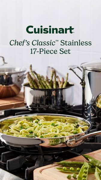 This ad showcases the Cuisinart Chef's Classic Stainless 17-Piece Set. The image highlights various pots and pans, s