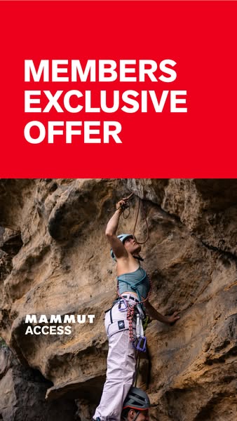 This image ad is for Mammut members, and it features a rock climber scaling a rock wall.