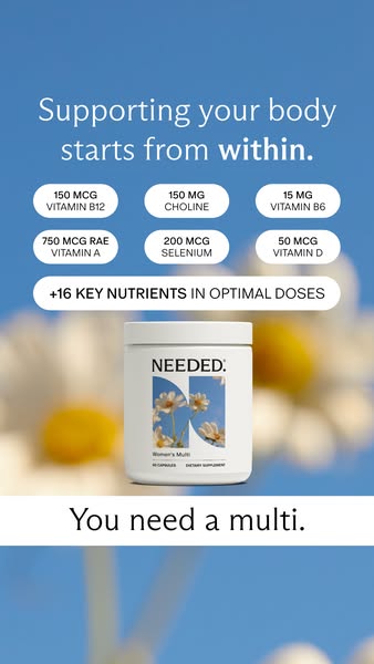 This ad for Needed Women's Multi vitamins uses a calming color palette and close-up product shot to highlight the vi