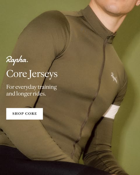 This image ad features a person wearing a Rapha Core Jersey. The ad promotes the Rapha brand and highlights the suitabil