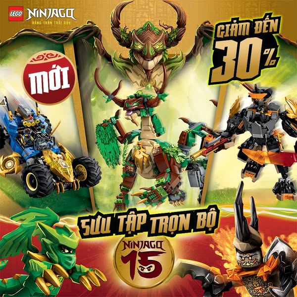 This image ad promotes the LEGO NINJAGO toy line, highlighting a 15-year anniversary and offering a discount of up to 30