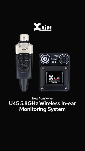 This ad displays the XVive U45 5.8GHz Wireless In-ear Monitoring System, consisting of a receiver and transmitter, again