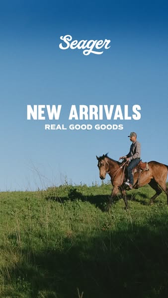 This image ad for Seager promotes the brand's new arrivals, featuring a person on horseback in a grassy field agains
