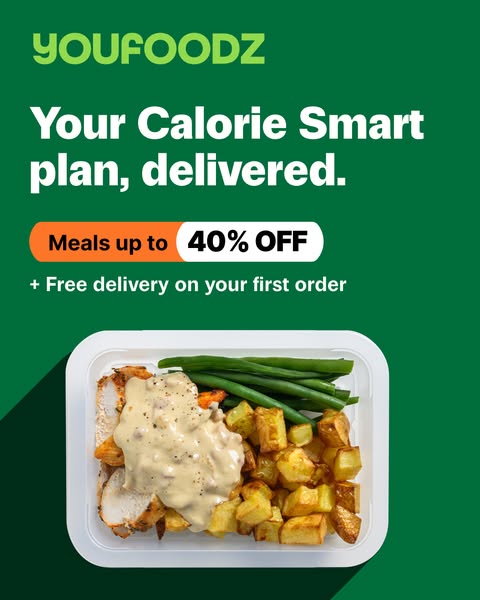 This image ad for Youfoodz promotes their calorie smart meal plan by offering 40% off meals plus free delivery on the fi