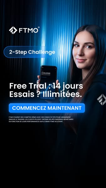 This ad is for FTMO, a company that provides demo accounts with fictional funds for trading simulations. The ad features