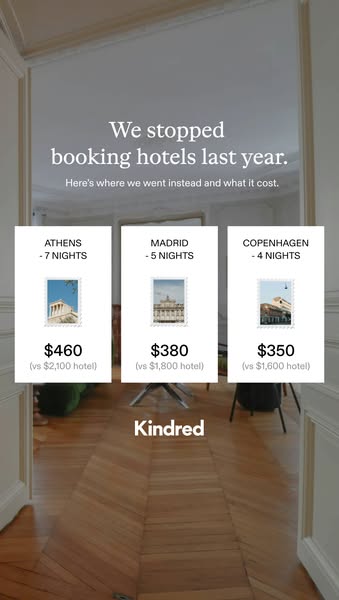 This ad presents Kindred as a more affordable alternative to traditional hotels, with specific examples comparing the co