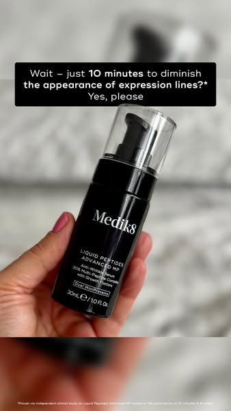 This ad for Medik8 Liquid Peptides Advanced MP features the product bottle and text overlaid on the screen to highlight 
