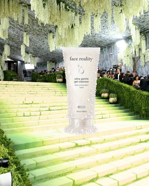 This ad features Face Reality's Ultra Gentle Gel Cleanser superimposed on an image of the Met Gala steps. The ad doe