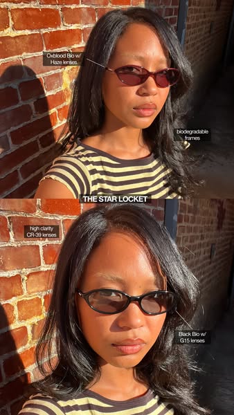 This image ad showcases eyewear from The Star Locket. It uses a split-screen comparison to highlight two different style