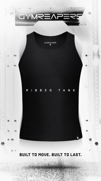 A simple image ad showcasing a black Gymreapers ribbed tank top.