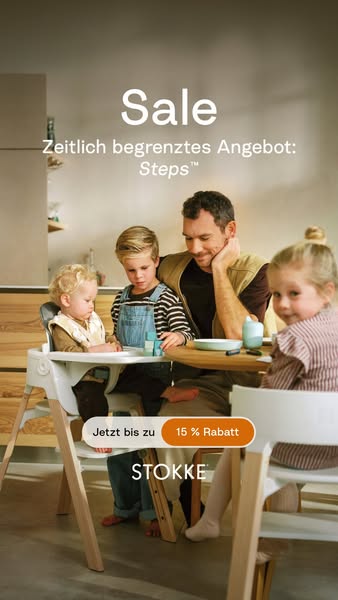 This image ad features the Stokke Steps high chair with a limited-time sale offer. It shows a family gathered around a t