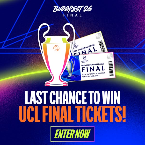 This image ad promotes a sweepstakes for a chance to win tickets to the UEFA Champions League Final in Budapest in 2026.