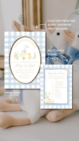 The image ad is promoting custom printed baby shower invitations and matching game cards from Vintage Goose by Creo Stud