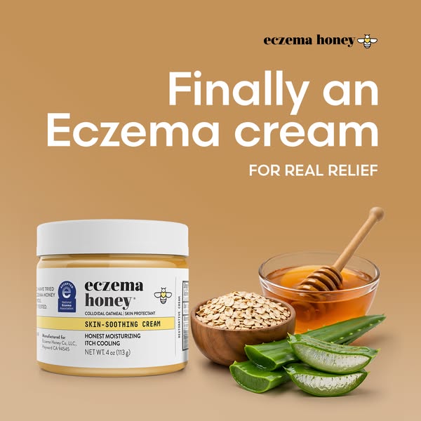 This ad for Eczema Honey features a jar of their skin-soothing cream alongside oats, honey, and aloe. The ad emphasizes 