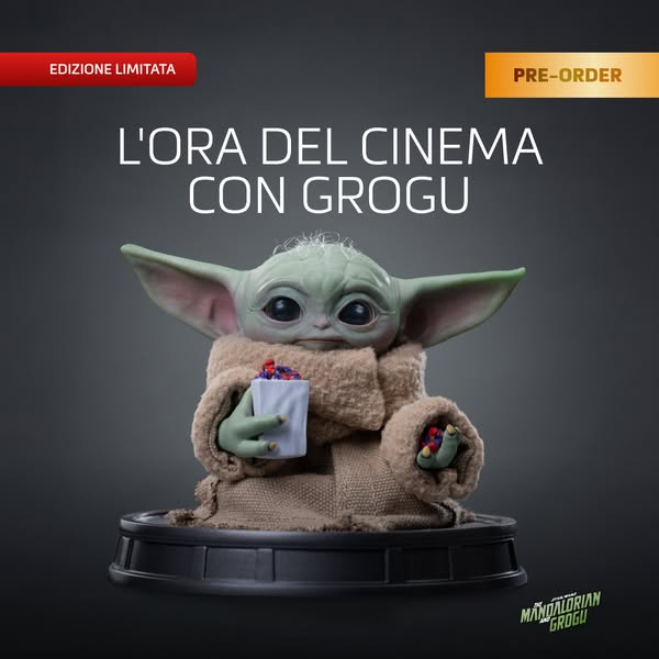This ad features a Grogu statue holding a bucket of popcorn and is a pre-order item.