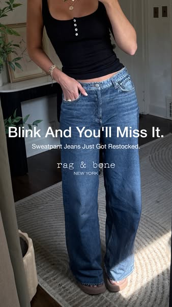 This image ad announces that Rag & Bone sweatpant jeans have been restocked. The ad features a model wearing the jea