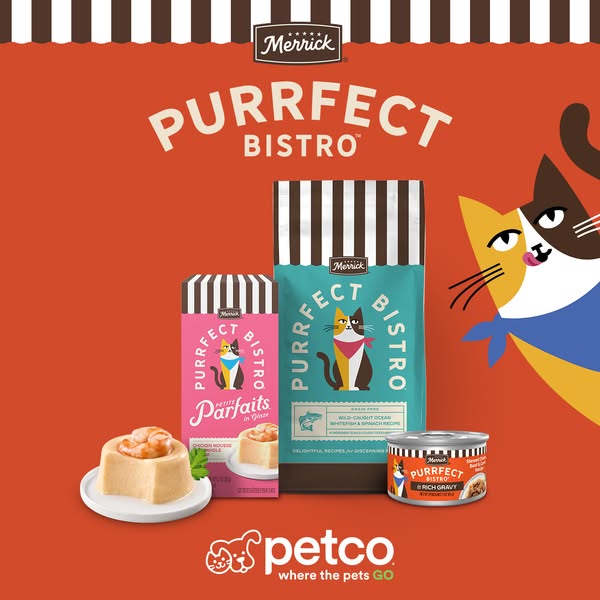 This ad for Merrick cat food showcases three of its Purrfect Bistro varieties: dry food, wet food parfaits, and wet food