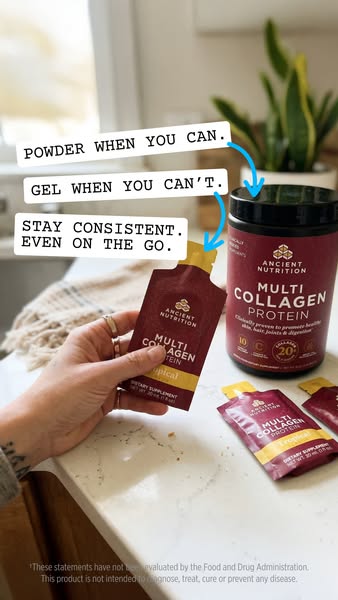 This ad presents the Ancient Nutrition brand's Multi Collagen Protein powder and gel products and suggests using bot