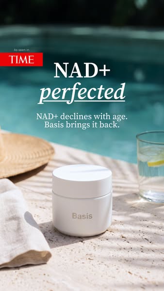 An ad for Basis promotes NAD+ production to combat aging. It features a clean, minimalist aesthetic with an endorsement