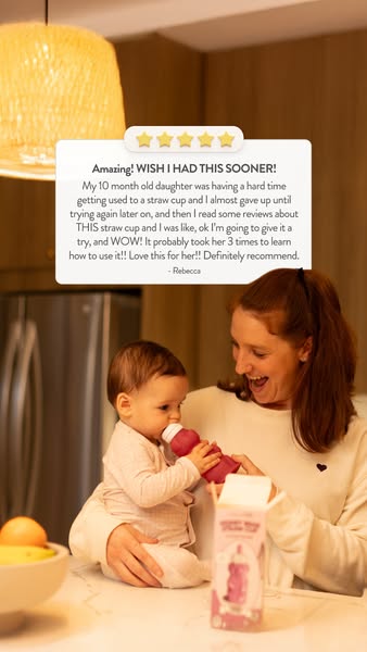 This image ad features a testimonial from a mother raving about a straw cup product for her 10-month-old daughter. The a