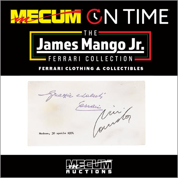 This image ad promotes Mecum Auctions' auction of items from the James Mango Jr. Ferrari Collection.