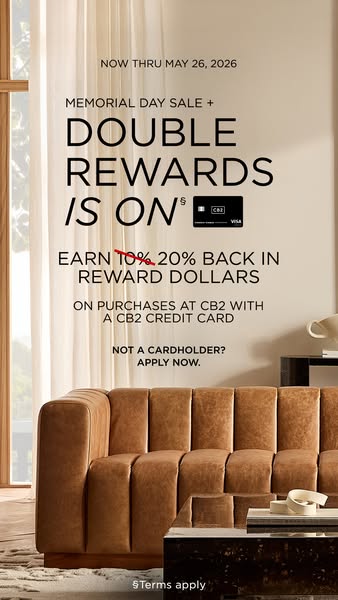 This image ad is for CB2 and promotes a Memorial Day sale that offers double rewards for CB2 credit card holders.