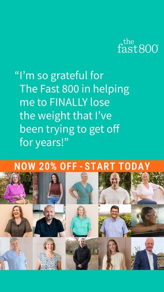 This ad for The Fast 800 features a testimonial highlighting weight loss and a collage of various people. An offer is pr