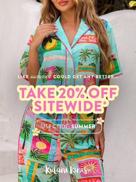 The ad features a woman wearing a light blue tropical-themed pajama set with a promo for 20% off sitewide with a summer 