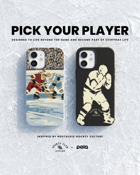 This ad showcases phone cases designed in collaboration between Sports Club Atelier and pela. The cases feature nostalgi