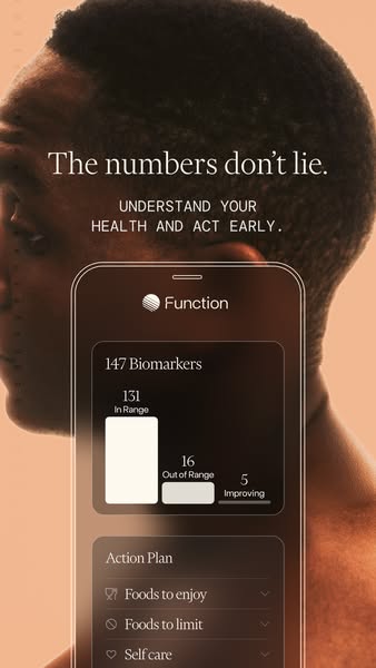 This ad for Function emphasizes the importance of understanding your health and acting early by monitoring biomarkers an