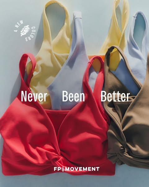 This image ad showcases the FP Movement sports bra in four new colors. The ad copy emphasizes that this bra is now bette
