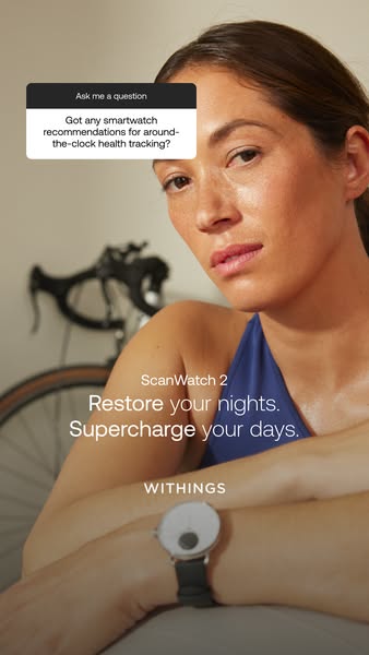 This ad asks the user a question about smartwatch recommendations for around-the-clock health tracking, and then answers