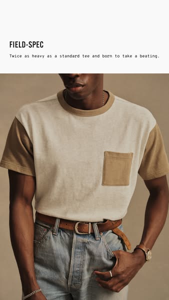 This ad for a FIELD-SPEC t-shirt features a person wearing the product. The ad calls out the quality of the product by s